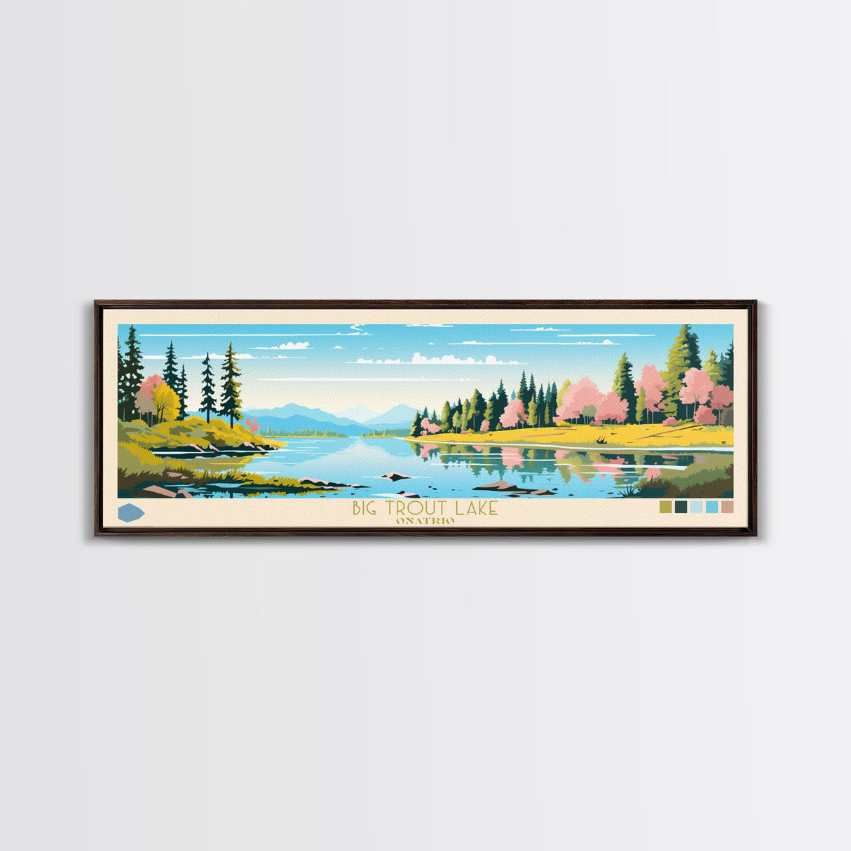 Big Trout Lake Ontario Framed Canvas Print, Panoramic Travel Poster, Midcentury Modern Wall Art, Pop Art, Nature Living Room Art, Lake House Decor