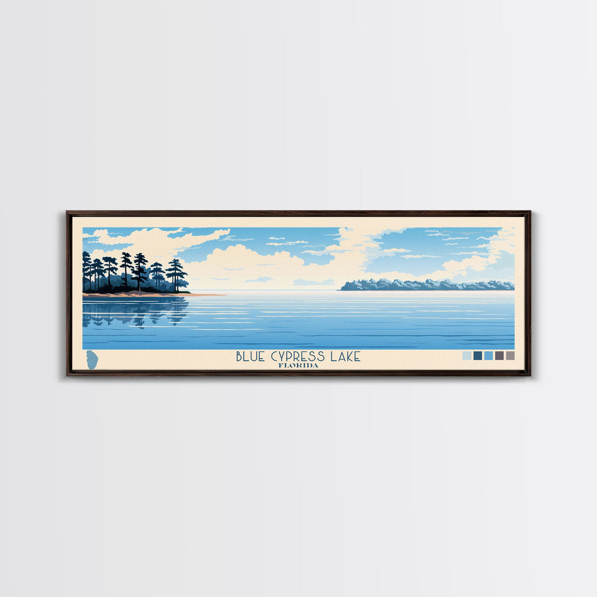 Blue Cypress Lake Florida Framed Canvas Print, Panoramic Wall Art, Midcentury Modern, Pop Art, Travel Poster, Scenic Living Room Art, Lake House Decor