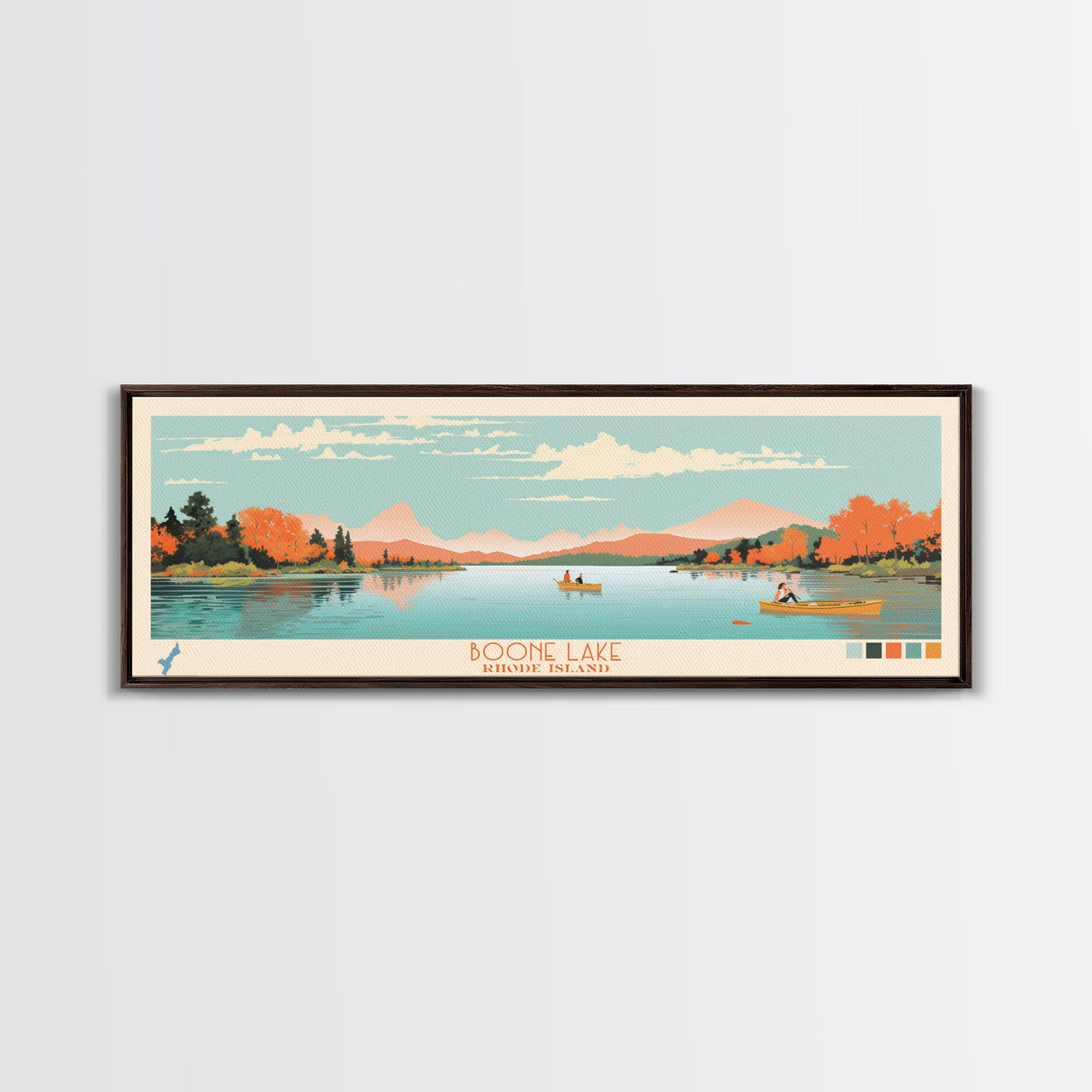 Boone Lake Rhode Island Framed Canvas Print, Panoramic Travel Poster, Midcentury Modern Wall Art, Pop Art, Nature Bedroom Decor, Scenic Lake House Art