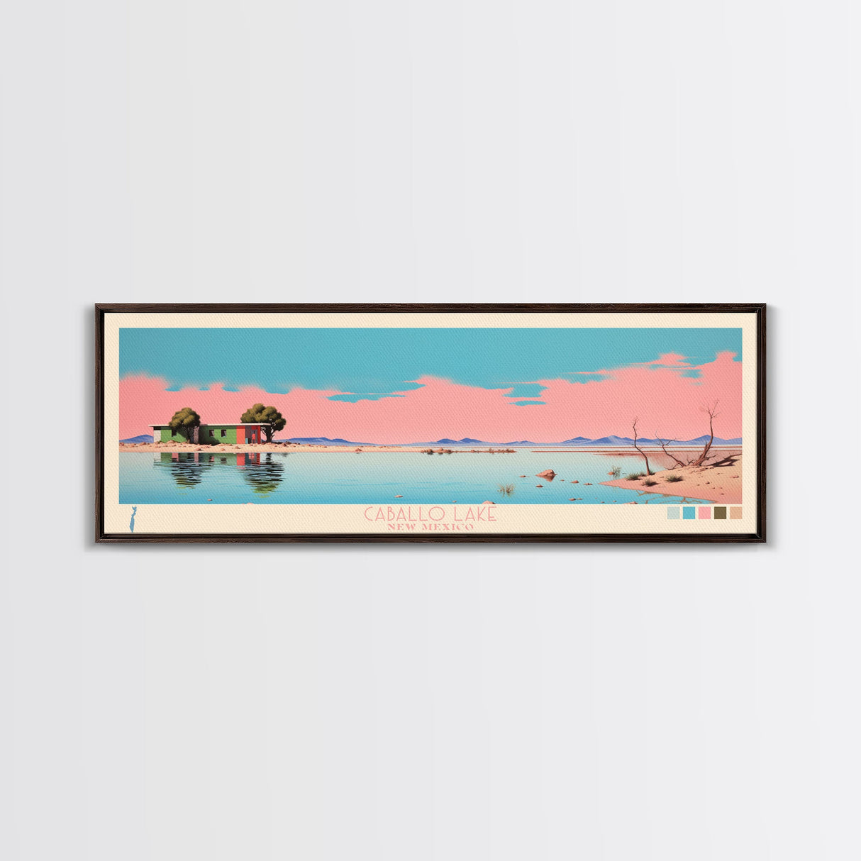 Caballo Lake New Mexico Framed Canvas Print, Midcentury Modern Panoramic Wall Art, Living Room Decor, Pop Art, Travel Poster Art, Scenic Nature Painting