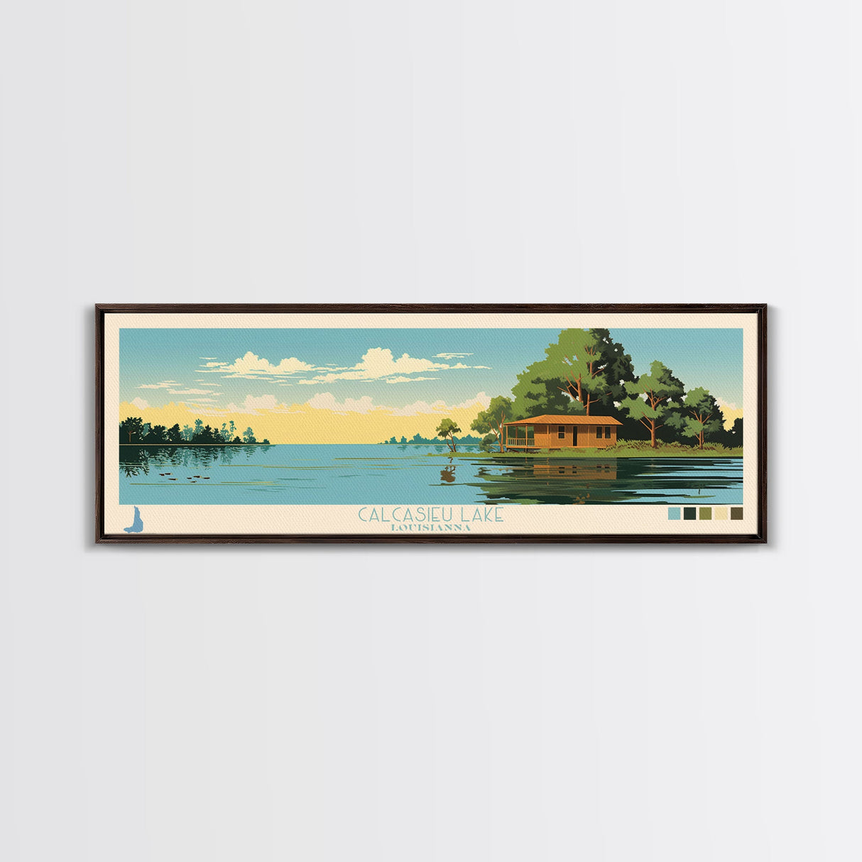 Calcasieu Lake Louisianna Framed Canvas Print, Pop Art Panoramic Travel Poster, Midcentury Modern, Wall Art, Scenic Nature Painting, Bedroom Decor