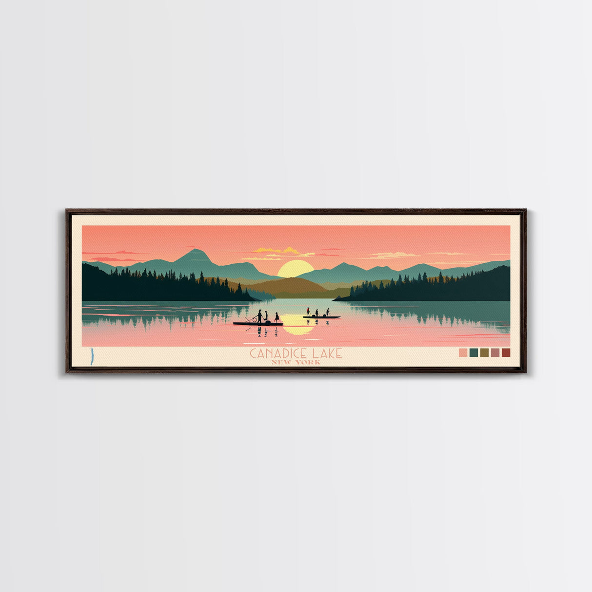Canadice Lake New York Framed Canvas Print, Pop Art Panoramic Travel Poster, Midcentury Modern, Wall Art, Scenic Nature Painting, Bedroom Decor