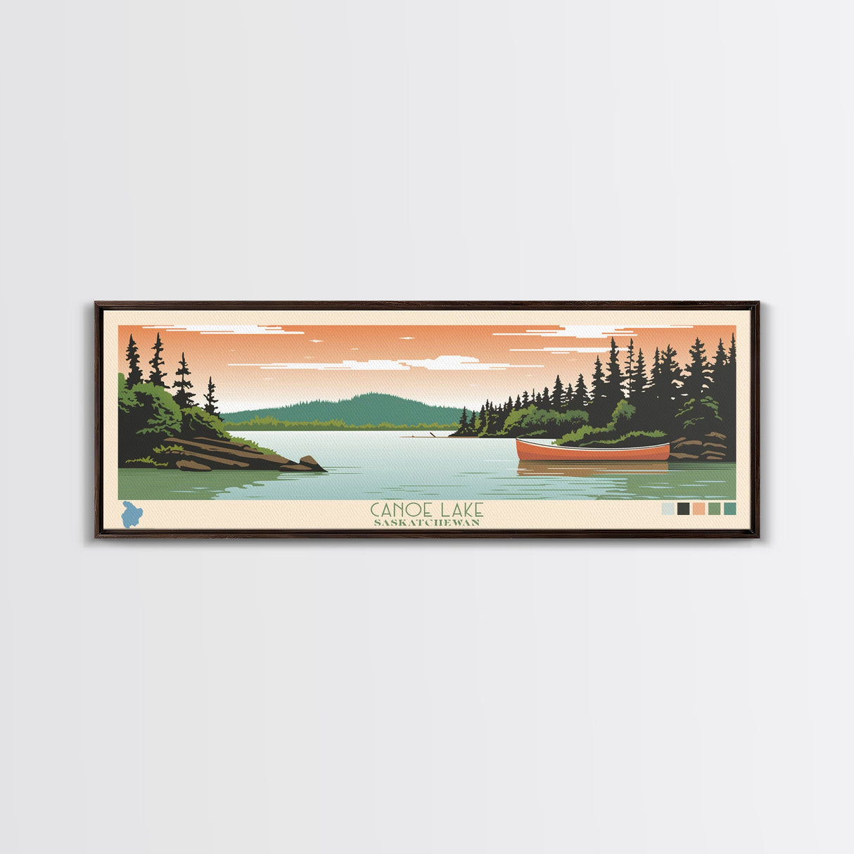 Canoe Lake Saskatchewan Framed Canvas Print, Midcentury Modern Panoramic Wall Art, Living Room Decor, Pop Art, Travel Poster Art, Scenic Nature Painting