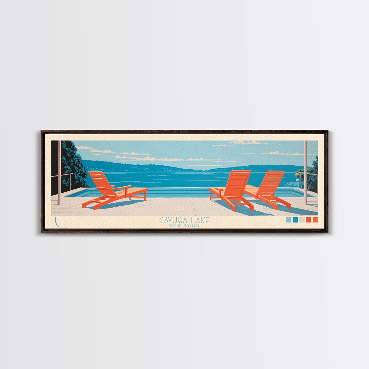Cayuga Lake New York Framed Canvas Print, Pop Art Panoramic Travel Poster, Midcentury Modern, Wall Art, Scenic Nature Painting, Bedroom Decor, Living Room Art