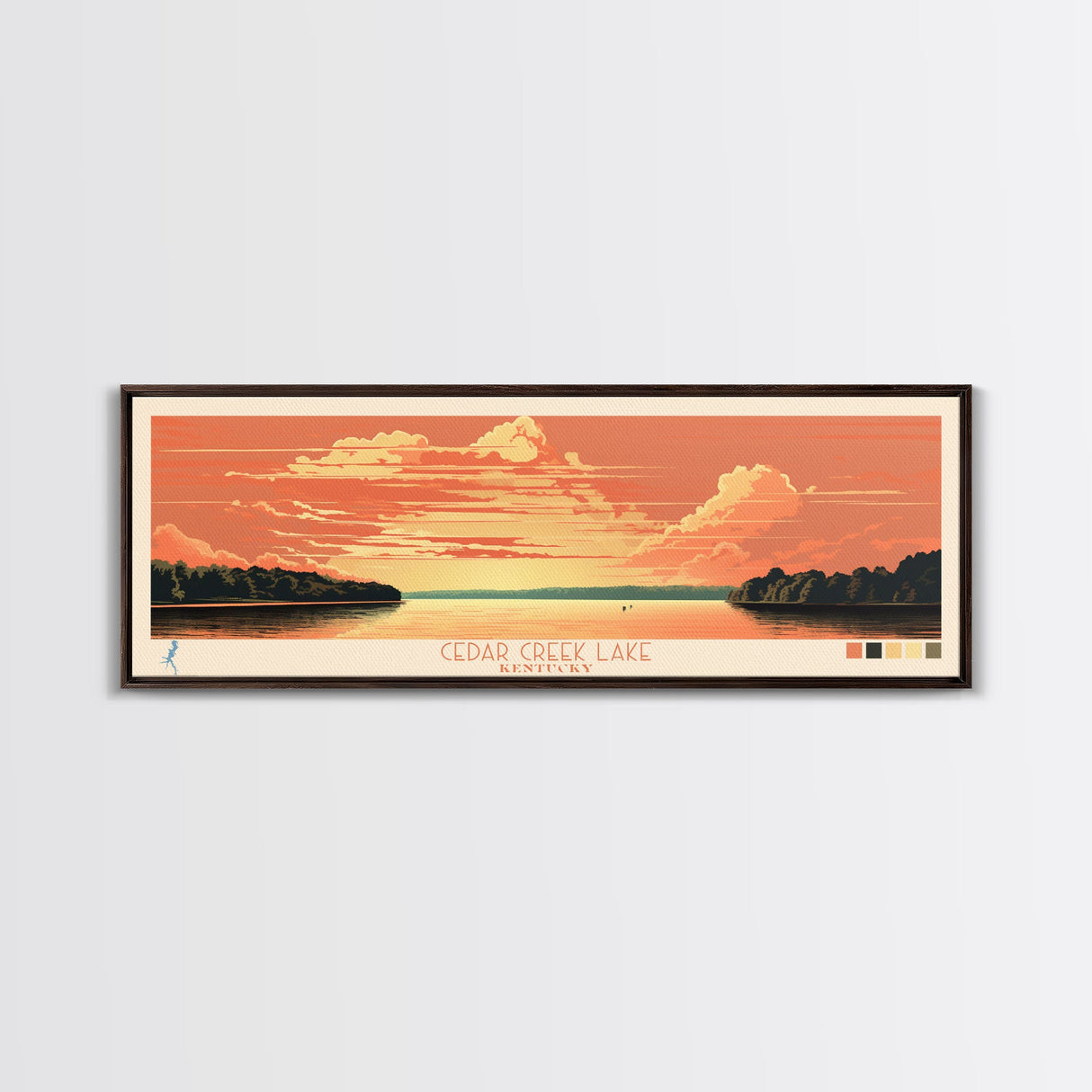 Cedar Creek Lake Kentucky Framed Canvas Print, Midcentury Modern Panoramic Wall Art, Living Room Decor, Pop Art, Travel Poster Art, Scenic Nature Painting, Lake House Decor