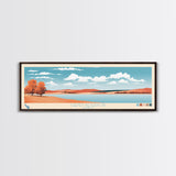 Cheney Reservoir Kansas Framed Canvas Print, Midcentury Modern Panoramic Wall Art, Living Room Decor, Pop Art, Travel Poster Art, Scenic Nature Painting, Lake House Decor
