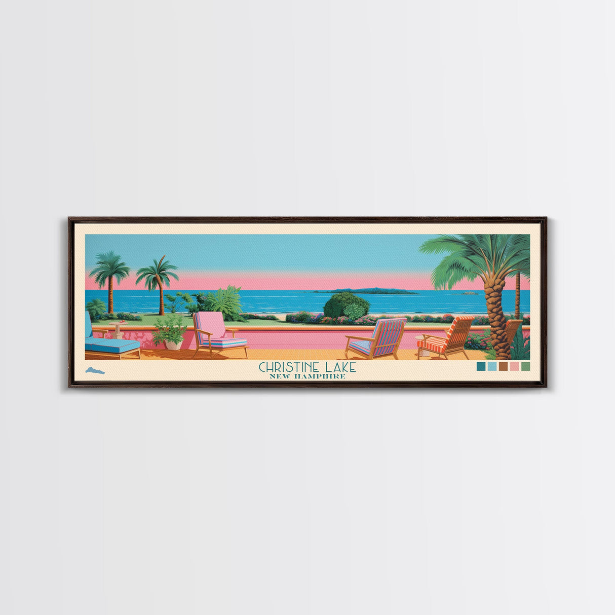 Christine Lake New Hamphire Framed Canvas Print, Pop Art Panoramic Travel Poster, Midcentury Modern, Wall Art, Scenic Nature Painting, Bedroom Decor, Living Room Art