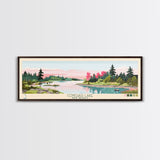 Conchas Lake New Mexico Framed Canvas Print, Midcentury Modern Panoramic Wall Art, Living Room Decor, Pop Art, Travel Poster Art, Scenic Nature Painting, Lake House Decor