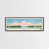 Coralville Lake Iowa Framed Canvas Print, Midcentury Modern Panoramic Wall Art, Living Room Decor, Pop Art, Travel Poster Art, Scenic Nature Painting, Lake House Decor