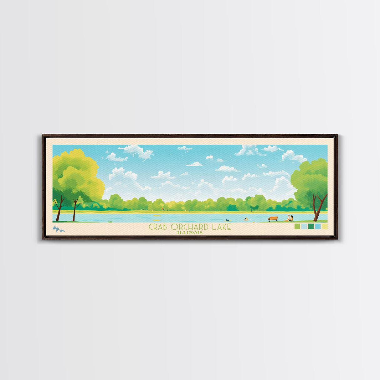 Crab Orchard Lake Illinois Framed Canvas Print, Midcentury Modern Panoramic Wall Art, Living Room Decor, Pop Art, Travel Poster Art, Scenic Nature Painting, Lake House Decor