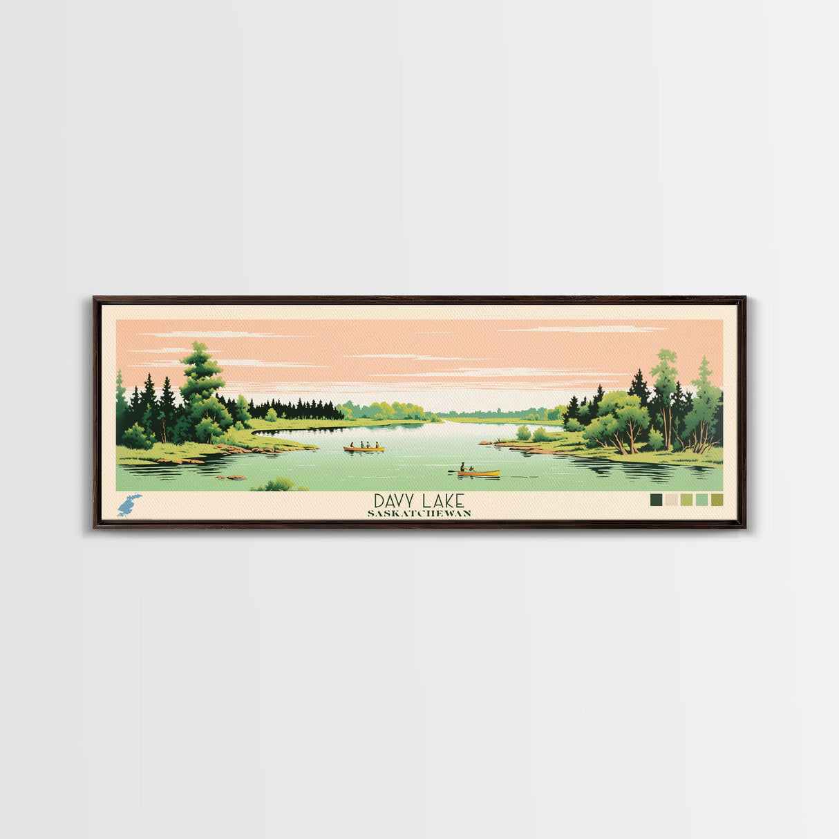 Davy Lake Saskatchewan Framed Canvas Print, Midcentury Modern Panoramic Wall Art, Living Room Decor, Pop Art, Travel Poster Art, Scenic Nature Painting