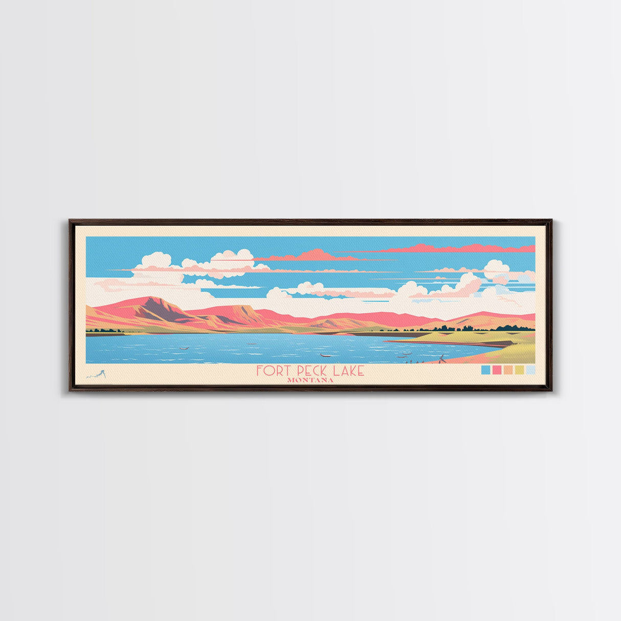 Fort Peck Lake Montana Framed Canvas Print, Panoramic Wall Art, Midcentury Modern, Pop Art, Bedroom Decor, Travel Poster, Nature Art, Artistic Decor