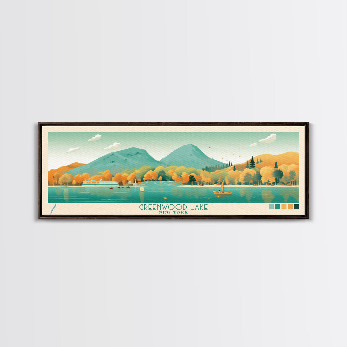 Greenwood Lake New York Framed Canvas Print, Panoramic Art, Midcentury Modern, Pop Art, Bedroom Decor, Travel Poster, Lake House Decor