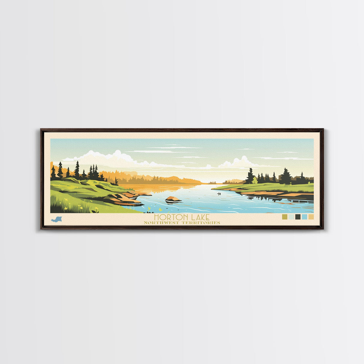 Horton Lake Northwest Territories Framed Canvas Print, Panoramic Art, Midcentury Modern, Pop Art, Living Room Decor, Travel Poster, Lake House Decor