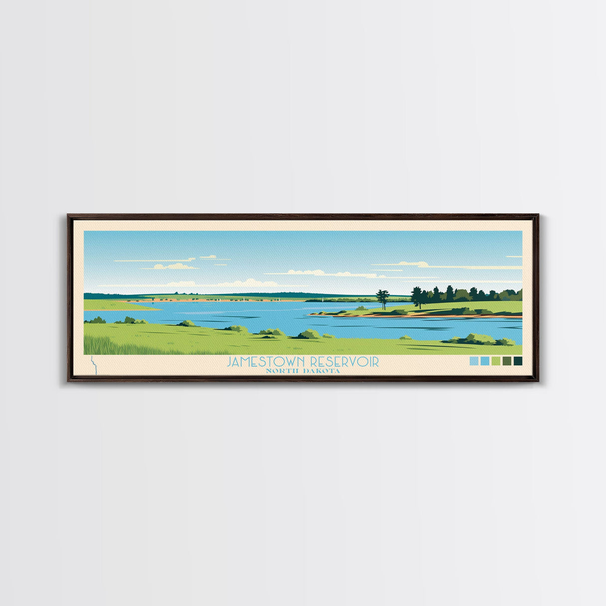 Jamestown Reservoir North Dakota Framed Canvas Print, Panoramic Art, Midcentury Modern, Pop Art, Living Room Decor, Travel Poster, Artistic Home Decor