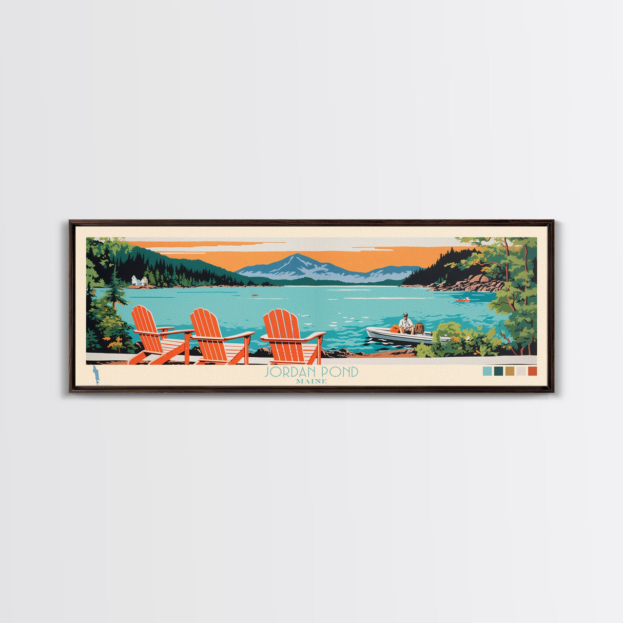 Jordan Pond Maine Framed Canvas Print, Panoramic Wall Art, Midcentury Modern, Pop Art, Bedroom Decor, Travel Poster, Artistic Home Decor