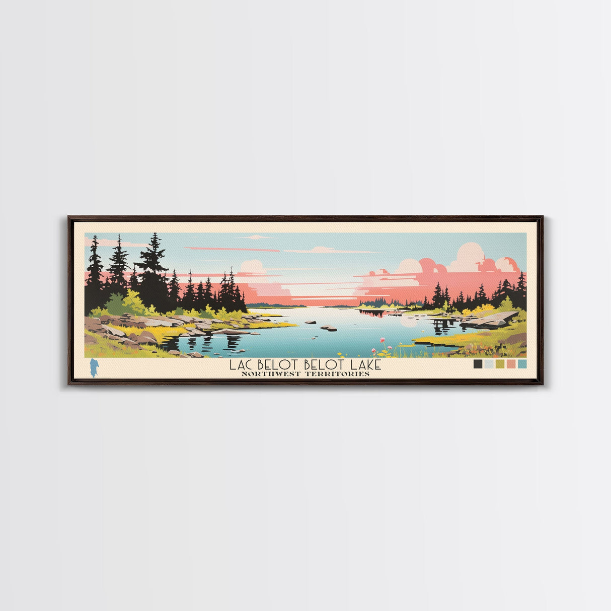 Lac Belot Northwest Territories Framed Canvas Print, Panoramic Wall Art, Midcentury Modern, Pop Art, Lake House Art, Travel Poster, Living Room Decor