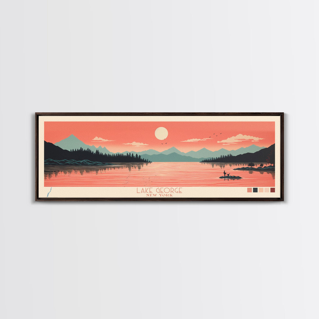 Lake George New York Framed Canvas Print, Panoramic Art, Midcentury Modern, Pop Art, Living Room Wall Art, Travel Poster, Lake House Decor