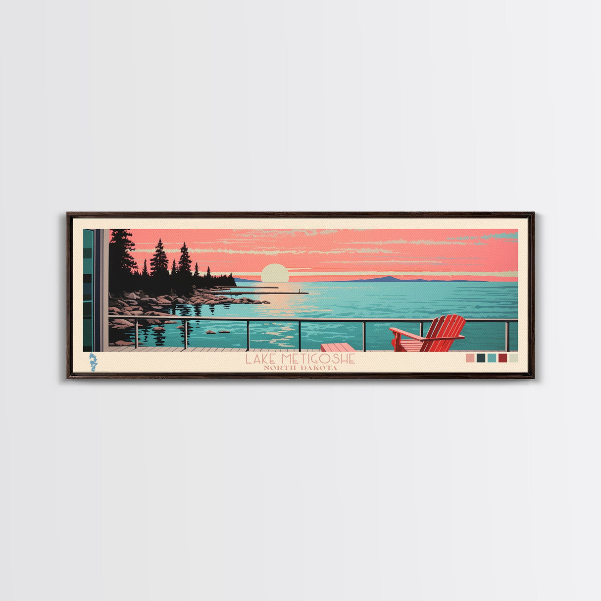 Lake Metigoshe North Dakota Framed Canvas Print, Panoramic Wall Art, Midcentury Modern, Pop Art, Living Room Decor, Travel Poster