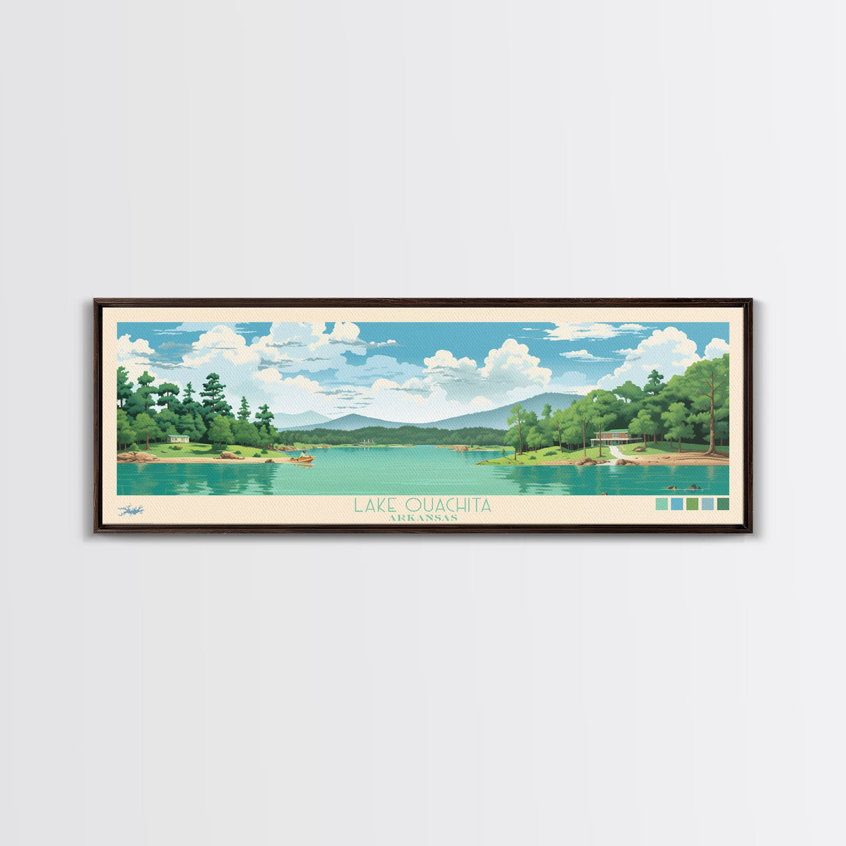 Lake Ouachita Arkansas Framed Canvas Print, Panoramic Wall Art, Midcentury Modern, Pop Art, Living Room Decor, Travel Poster, Lake House Art