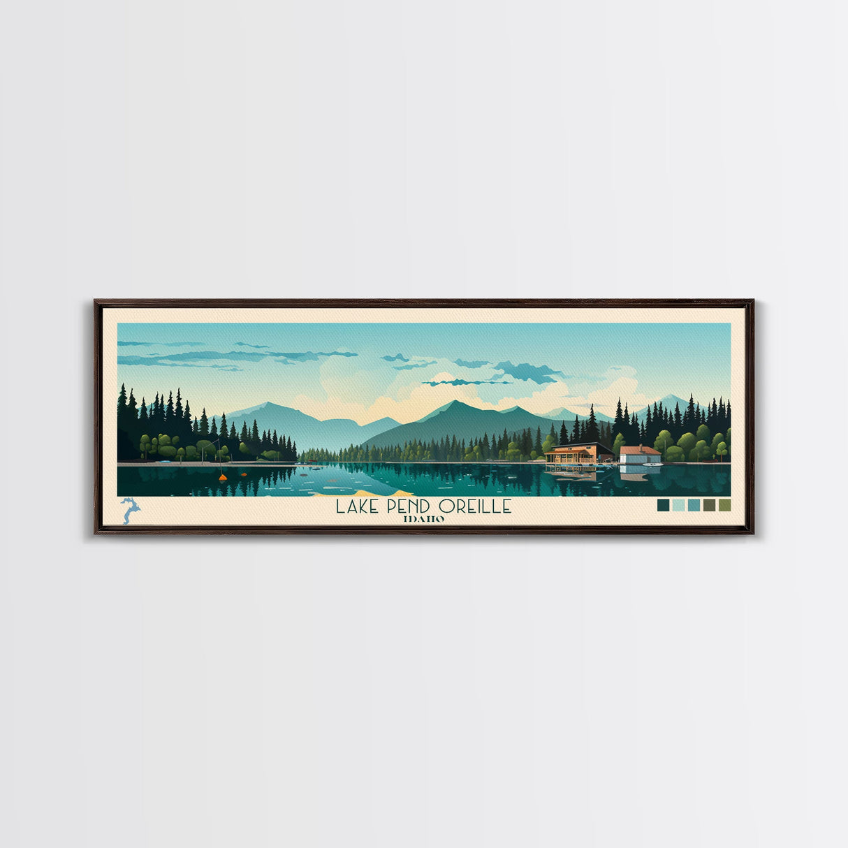Lake Pend Oreille Idaho Framed Canvas Print, Panoramic Wall Art, Midcentury Modern, Pop Art, Living Room Decor, Travel Poster, Lake House Art
