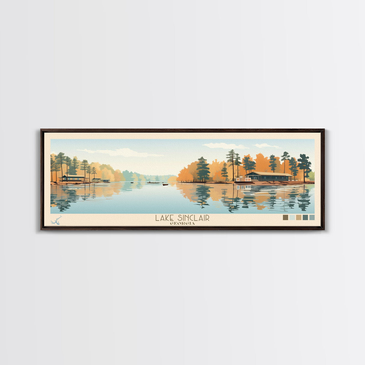 Lake Sinclair Georgia Framed Canvas Print, Panoramic Wall Art, Midcentury Modern, Pop Art, Living Room Decor, Travel Poster, Lake House Art