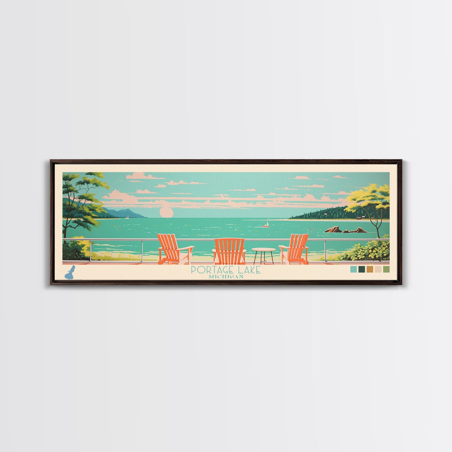 Portage Lake, Michigan Framed Canvas Print, Bedroom Art, Midcentury Modern, Pop Art, Panoramic Wall Art, Travel Poster
