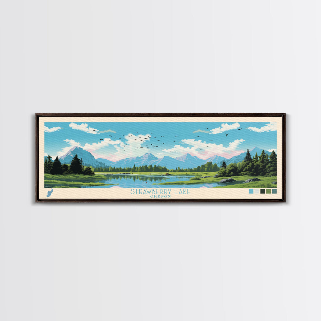 Strawberry Lake, Oregon Framed Canvas Print, Lake House Art, Midcentury Modern Decor, Pop Art, Travel Poster, Living Room Wall Art