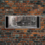 Dystopian City Canvas Print, Buildings, Man On Street, Urban Art, Large Urban Art Print, Wall Decor, Panoramic, Wall Art, Canvas Print