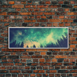 Green Night Sky Watercolor Art Print, Forest Canvas Art, Dark Forest Art, Starry Night Sky, Galaxy Art, Panoramic, Wall Art, Canvas Print