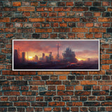 Cyberpunk City, Night City Watercolor, Ready To Hang Canvas Print, Panoramic, Videogame Concept Art, Watercolor Painting Of a Cyberpunk City