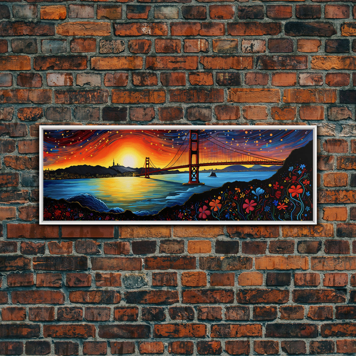 Golden Gate Bridge Abstract Panoramic Framed Canvas Print, Van Gogh Inspired Original Painting, Colorful California Wall Art