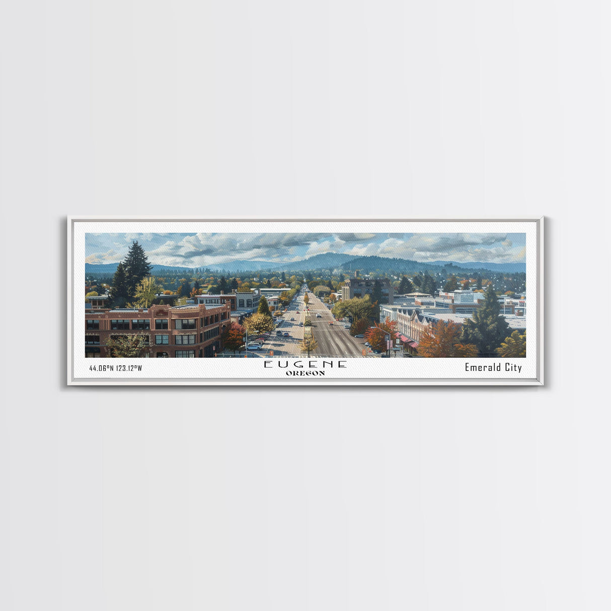 Eugene Oregon Panoramic Watercolor Painting, Scenic Framed Canvas Print, Urban Wall Art for Office, Travel Poster, Home Decor, City Gift Idea