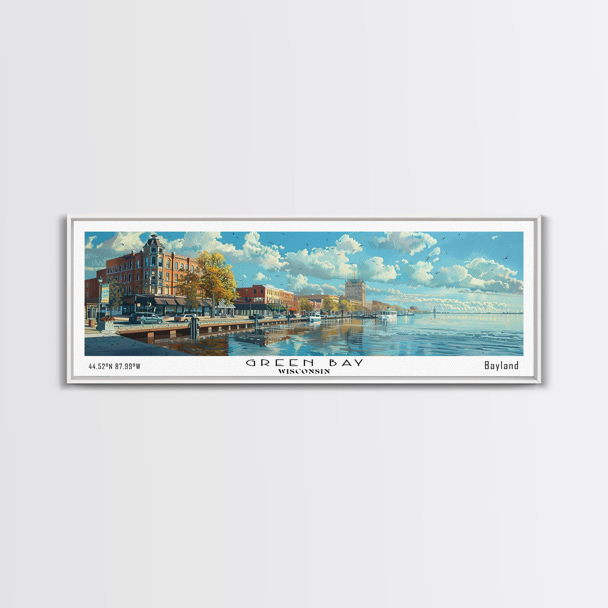 Green Bay Wisconsin Panoramic Watercolor Painting, Urban Framed Canvas Print, Cityscape Wall Art for Office, Travel Decor, Home Gift Idea