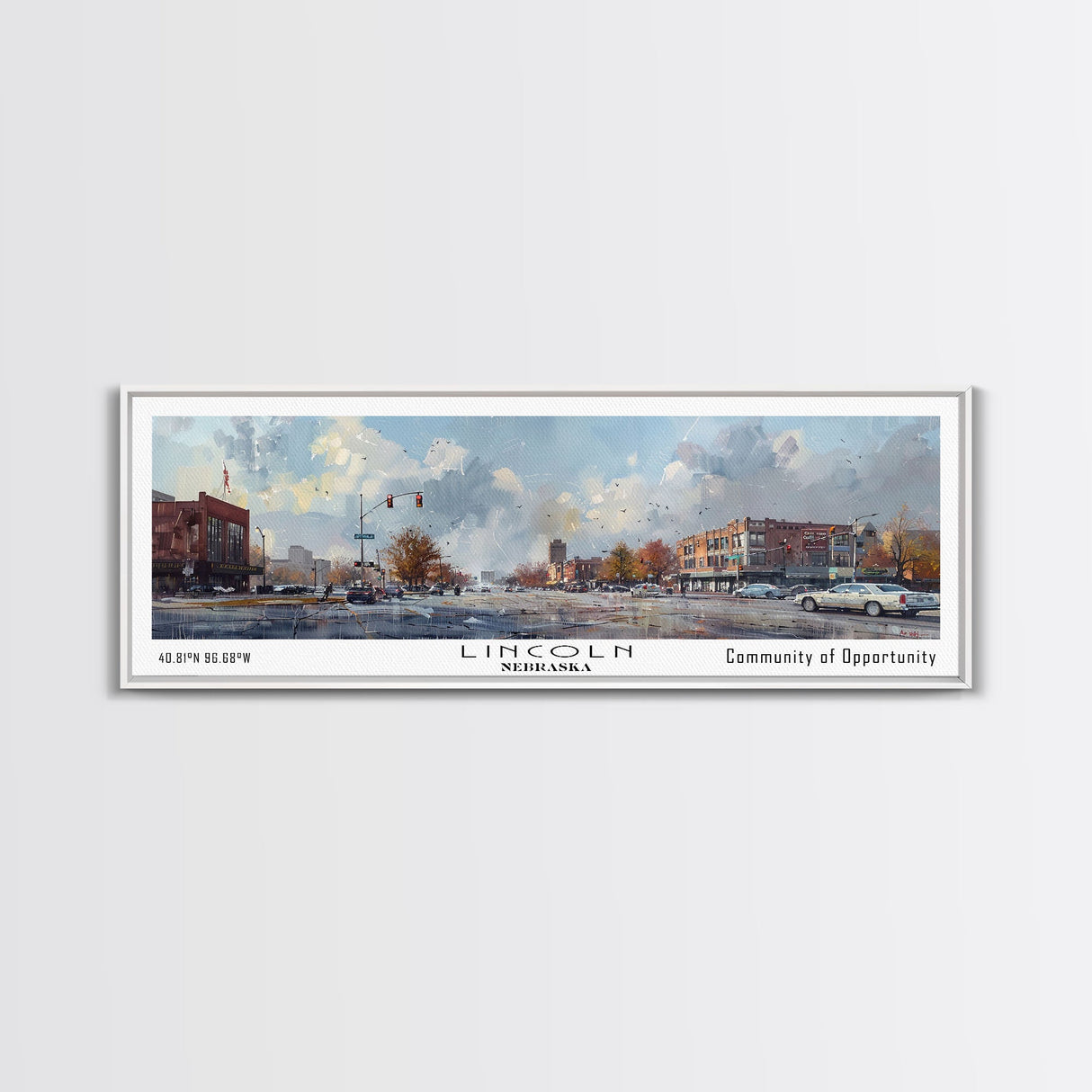 Lincoln Nebraska Panoramic Watercolor Cityscape, Framed Canvas Print for Living Room, Office Wall Art, Urban Decor, Travel Poster