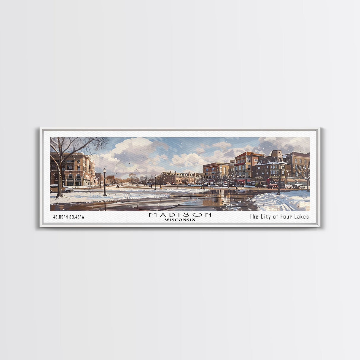 Madison Wisconsin Panoramic Watercolor Cityscape, Framed Canvas Print for Living Room, Office Wall Art, Urban Decor, Travel Poster