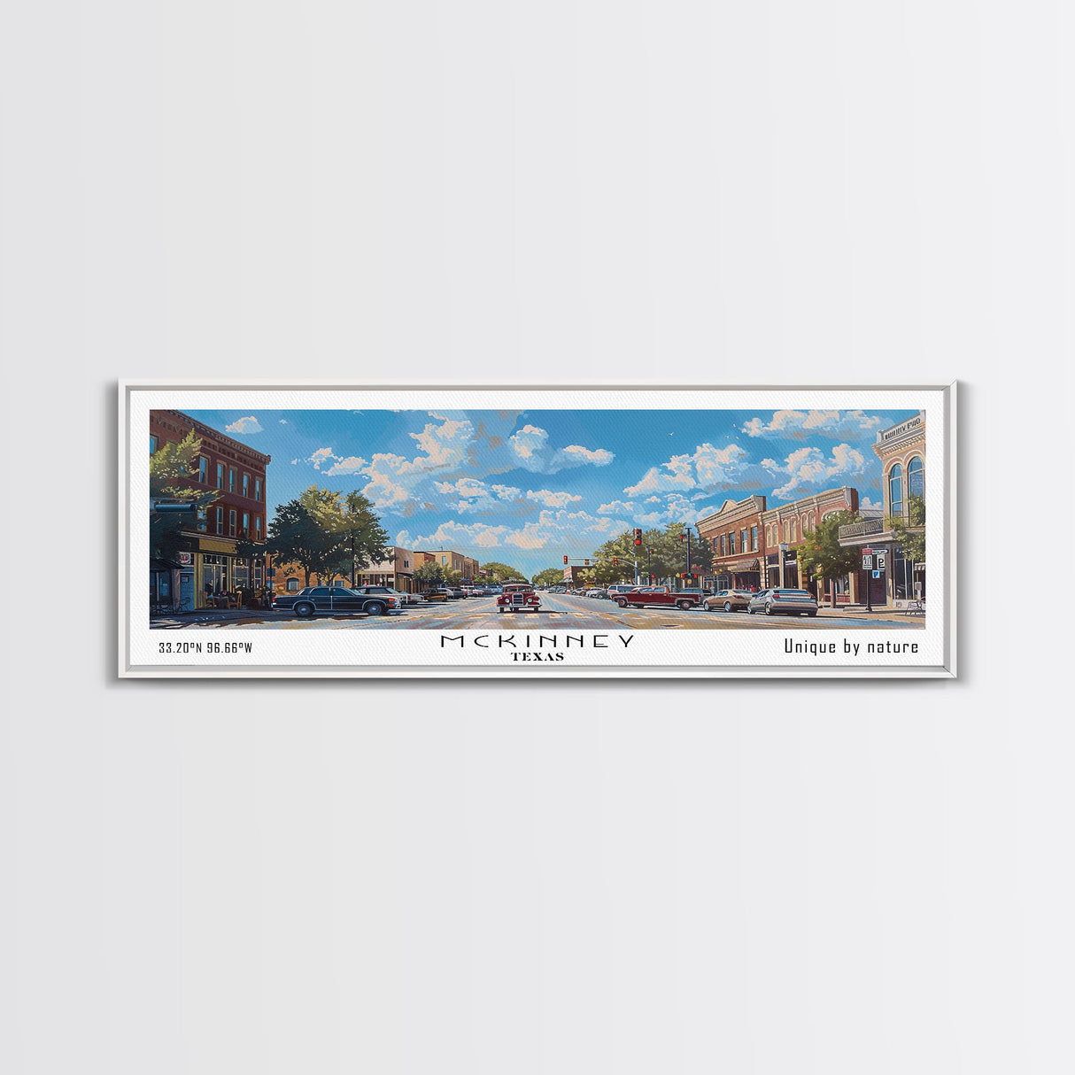 McKinney Texas Panoramic Framed Canvas Print, Beautiful Watercolor Art, Perfect Office Wall Decor, Living Room Art, Travel Poster, City Print