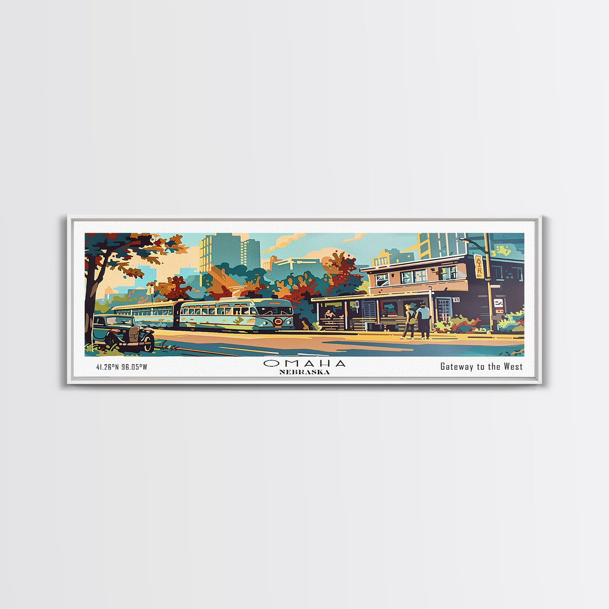 Omaha Nebraska Panoramic Painting, Mid Century Modern Framed Canvas Print, Retro Pop Art Travel Poster, Living Room Art, Home Decor, Office Wall Art, Vintage Style