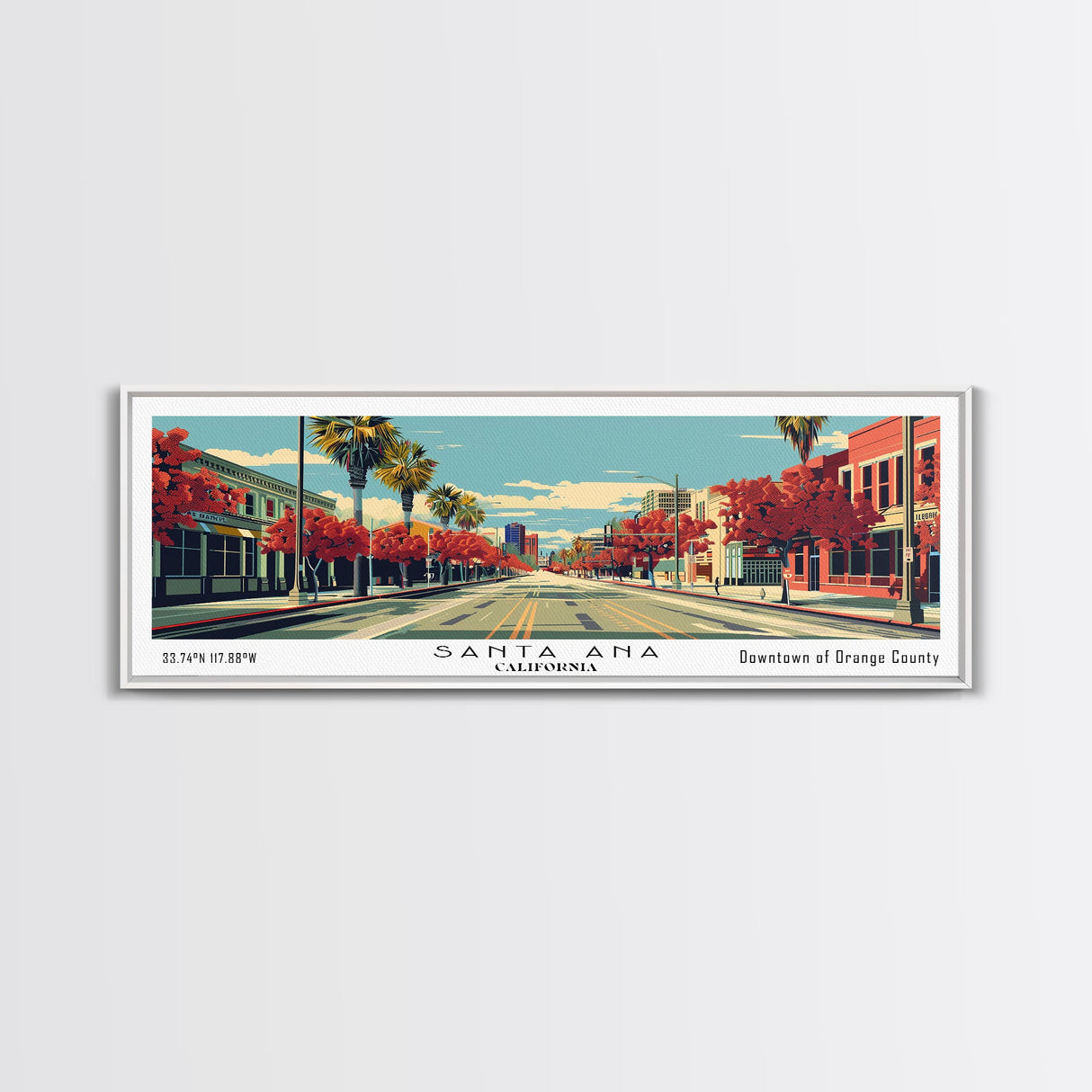 Santa Ana California Panoramic Wall Art, Mid Century Modern Framed Canvas Print, Retro Pop Art Cityscape, Travel Poster, Living Room Decor