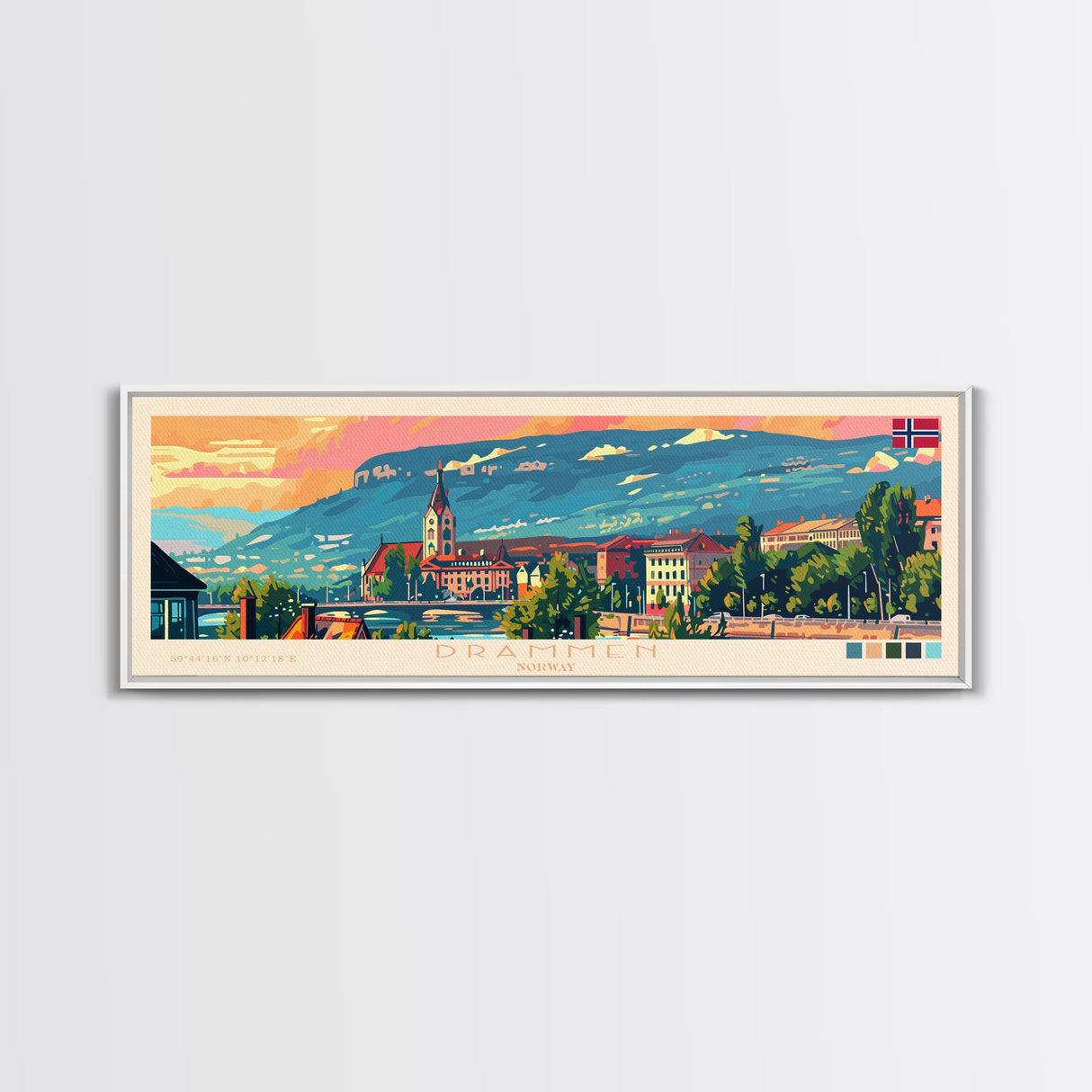 Drammen Norway Travel Print Wall Art, Panoramic City Art, Travel Art, Wall Decor, Vacation Gift, Framed Canvas Print Or Metal Art