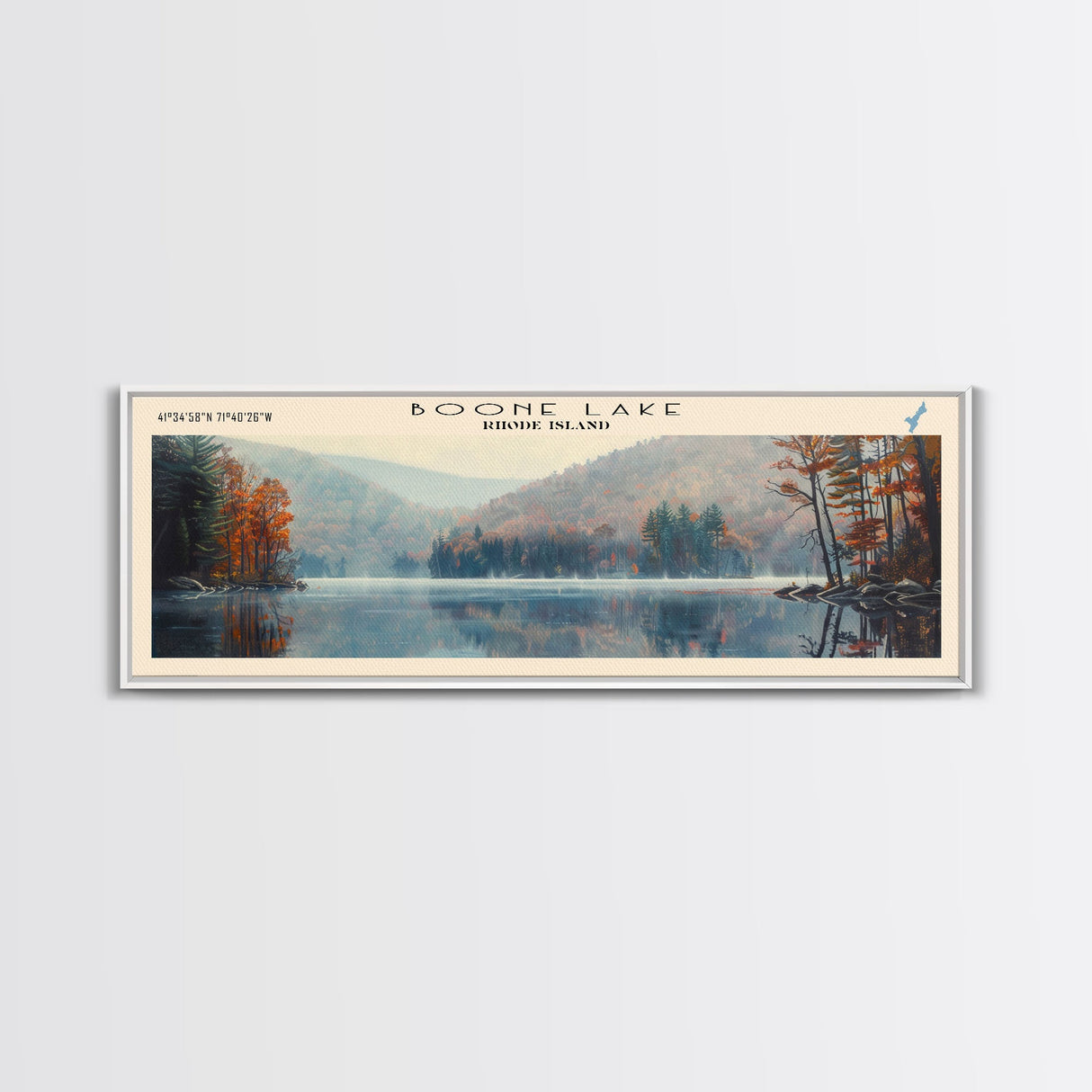 Boone Lake Rhode Island Framed Canvas Print, Panoramic Lake House Decor, Scenic View, Travel Poster, Rustic Art, Lake Painting