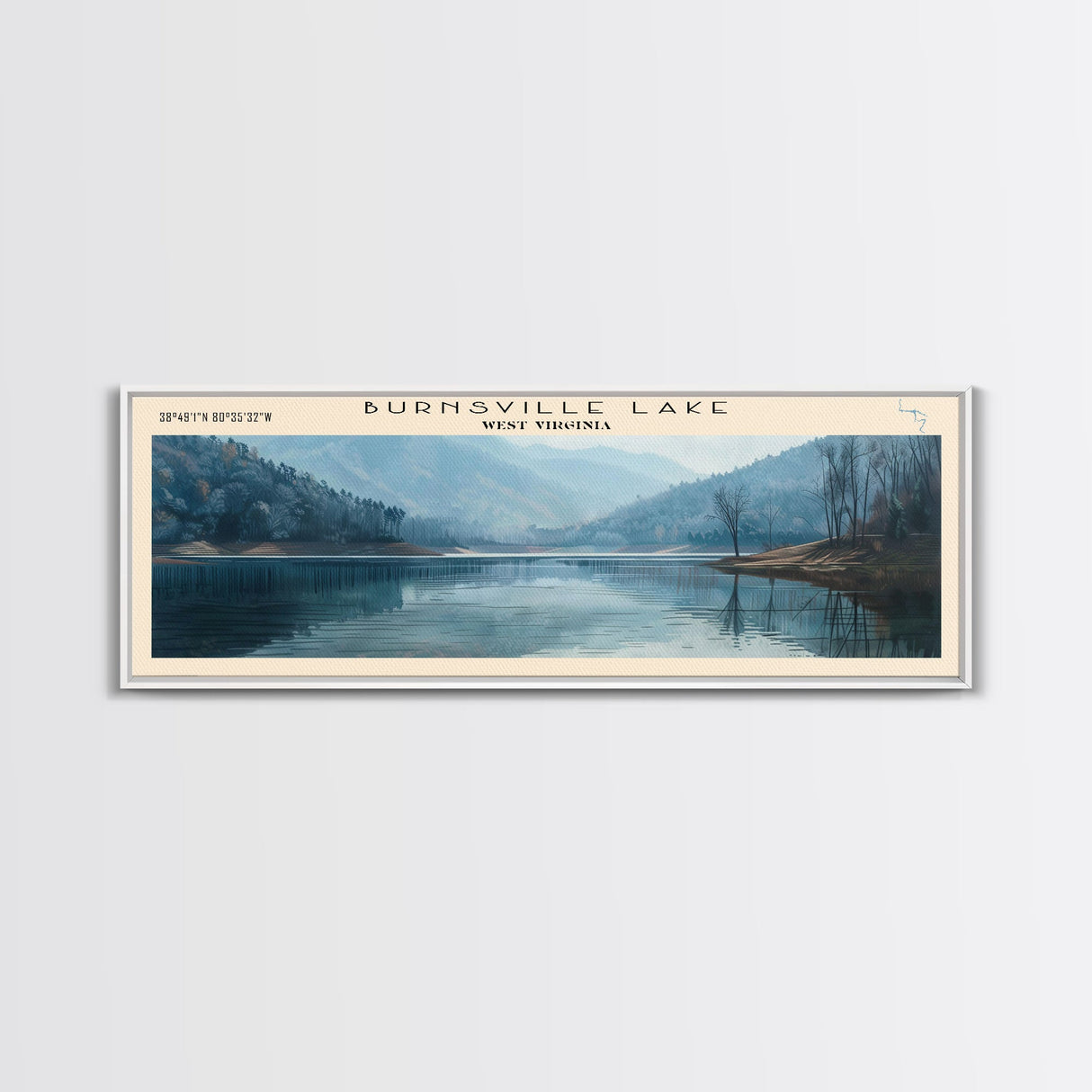 Burnsville Lake West Virginia Framed Canvas Print, Panoramic Lake House Decor, Wall Art, Travel Poster, Modern Lake Painting, Nature Art