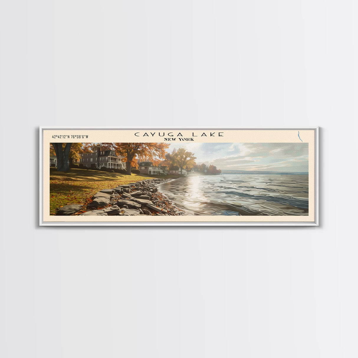 Cayuga Lake New York Framed Canvas Print, Lake House Art, Panoramic Travel Poster, Wide Wall Art, Modern Lake Painting, Home Decor