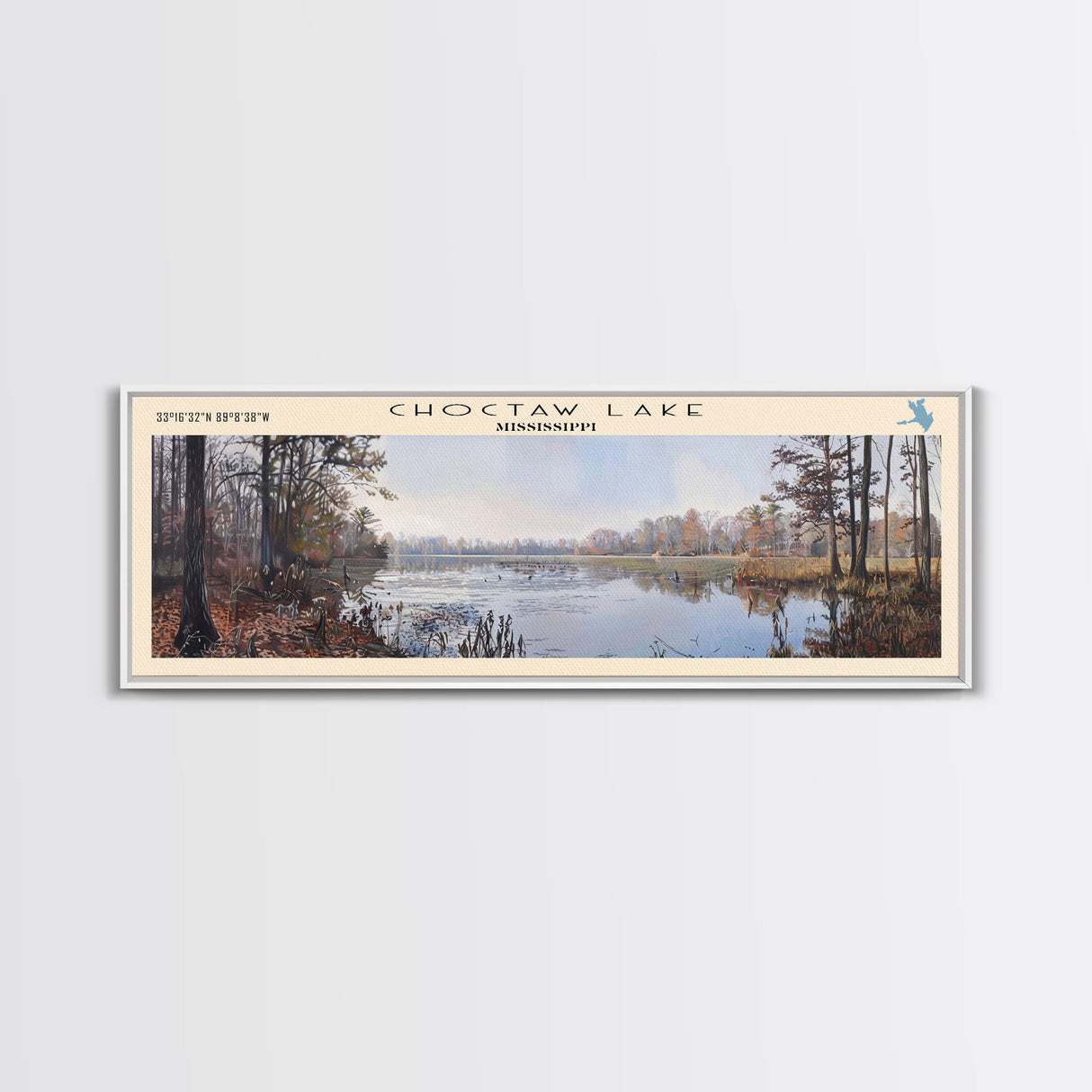 Choctaw Lake Mississippi Framed Canvas Print, Lake House Art, Panoramic Wide Wall Art, Travel Poster, Rustic Lake Painting, Home Decor