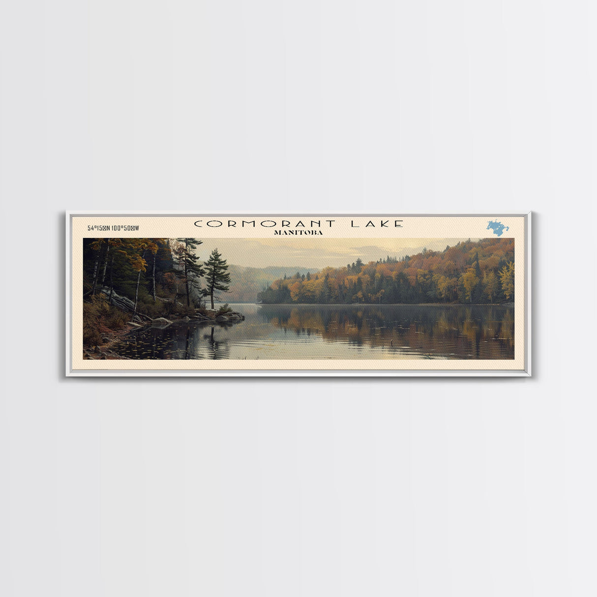 Cormorant Lake Framed Canvas Print, Lake House Decor, Panoramic Wide Art, Travel Poster, Rustic Lake Painting, Home Decor