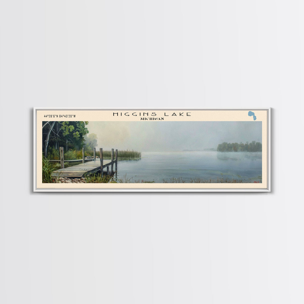 Higgins Lake Michigan Framed Canvas Print, Lake House Art, Panoramic Wall Art, Travel Poster, Serene Lake Painting, Home Decor