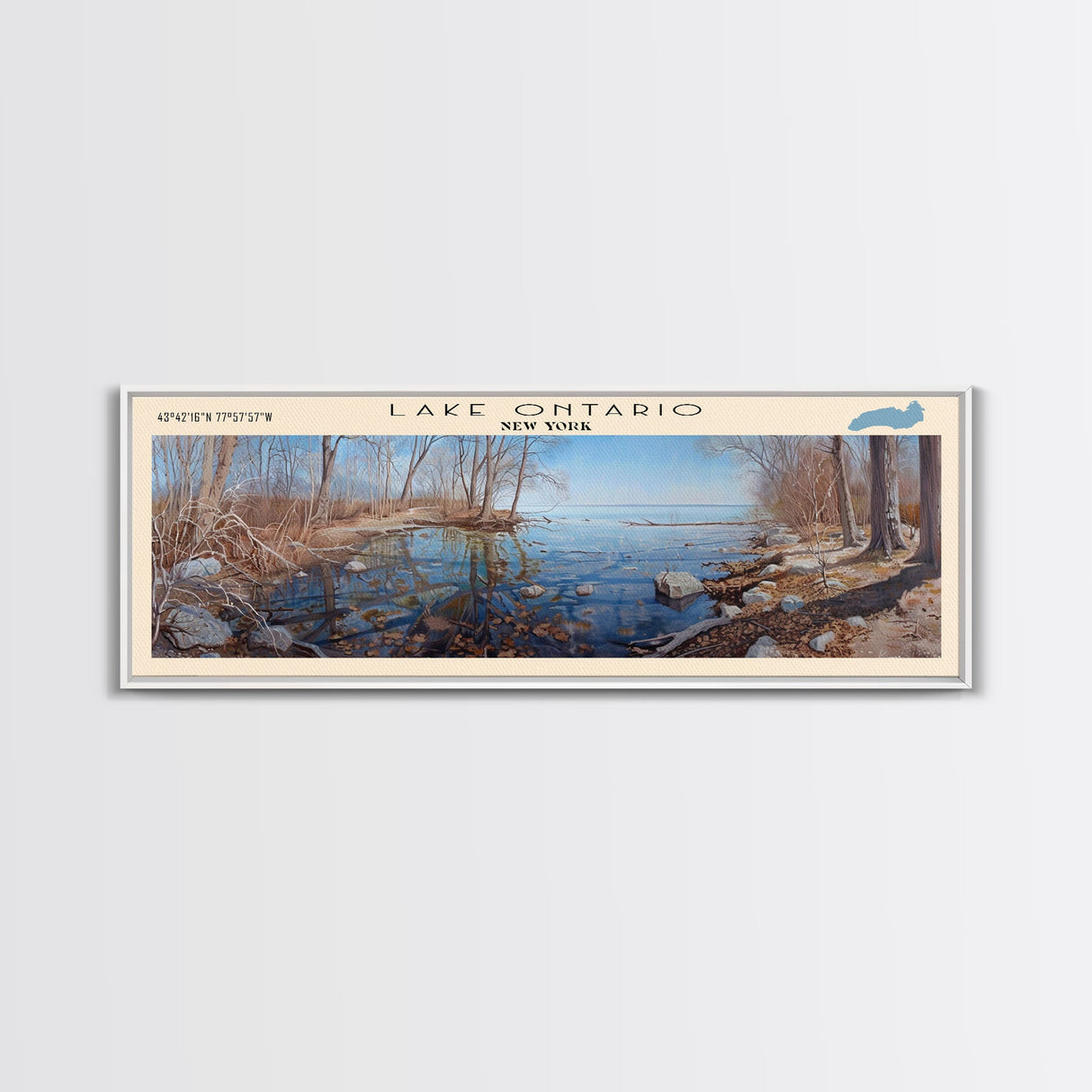 Lake Ontario Framed Canvas Print, Lake House Decor, Panoramic Wall Art, Travel Poster, Serene Landscape Painting, Rustic Art