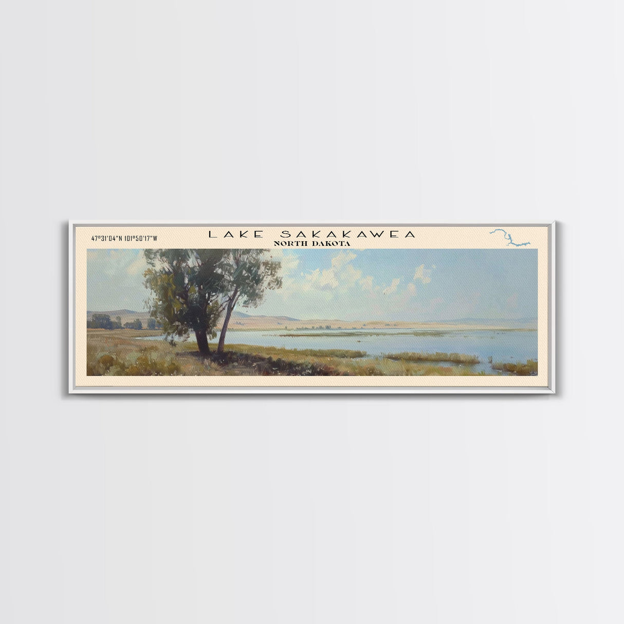 Lake Sakakawea, Boho Art, Beautiful Landscape, Travel Poster Art, Wall Art, Home Decor, Nature Scene, Lake Painting, Minimalist Art, Modern Art, Travel Print, Framed Canvas Print, Lake House Decor, Panoramic Print