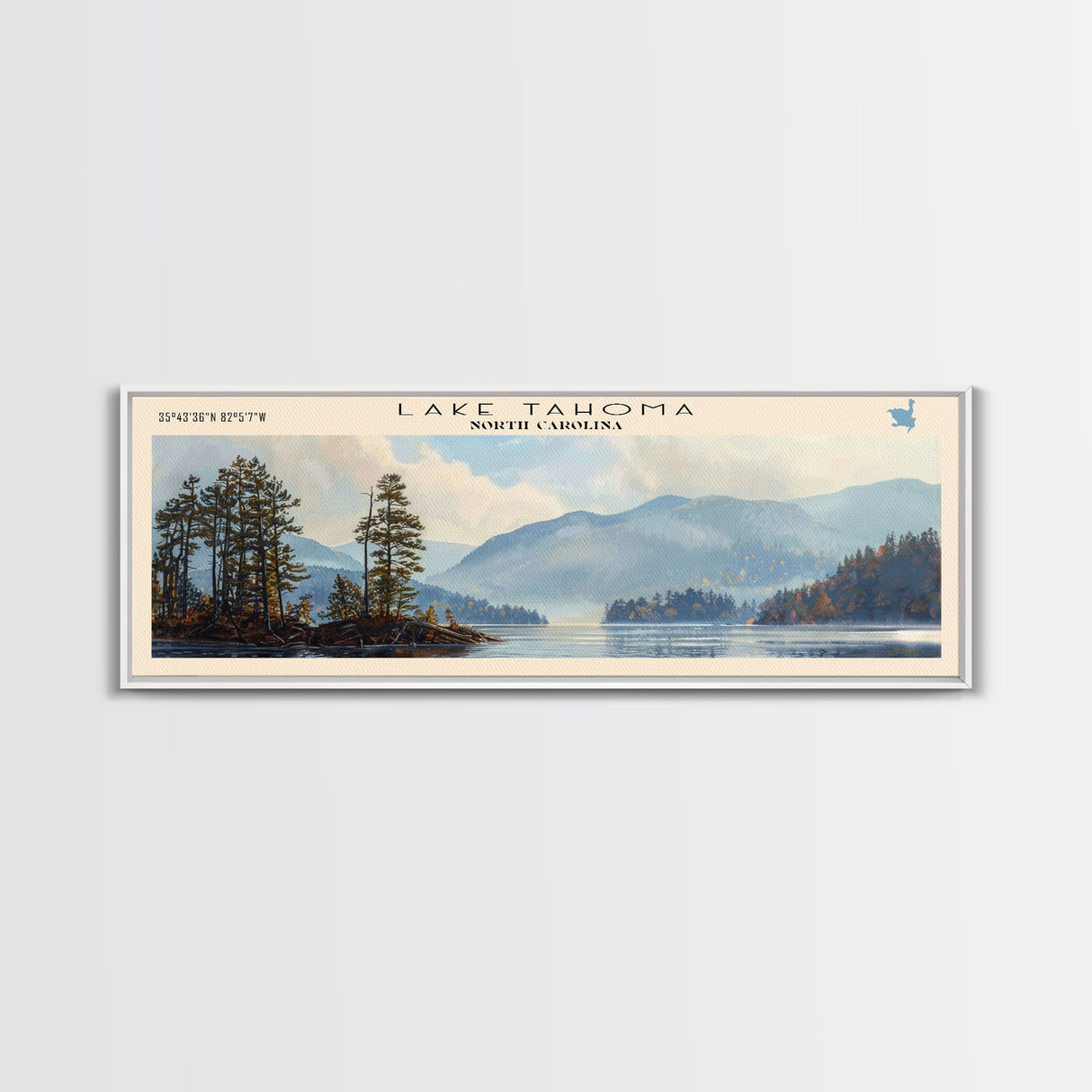 Lake Tahoma North Carolina Framed Canvas Print, Lake House Decor, Panoramic Wall Art, Travel Poster, Serene Landscape Painting, Rustic Art