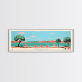 Brantley Lake New Mexico Framed Canvas Print, Midcentury Modern Panoramic Wall Art, Living Room Decor, Pop Art, Travel Poster Art, Scenic Nature Painting